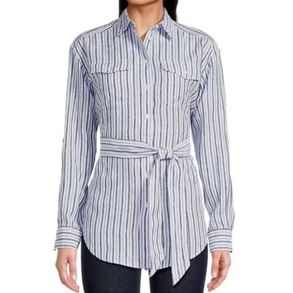 Lauren Ralph Lauren Women’s PS Striped BELTED‎ Linen Tunic Blouse Black Lable - Picture 1 of 8